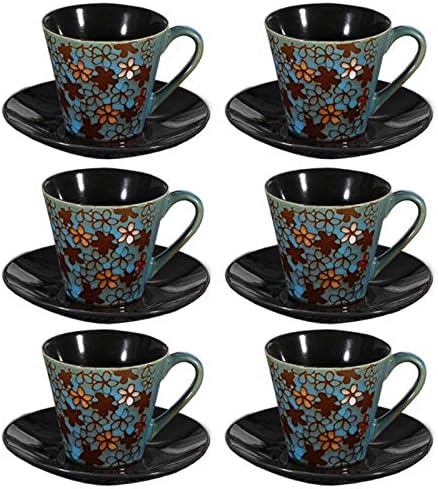 Set of 6 Ceramic Espresso Cup & Saucer Cups & Saucers Tableware Coffee Dining Embossed Floral Pattern New Gift (Set of 6 Blue)