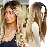 Netgo Blonde Ombre Wigs Long Straight Synthetic Lace Full Wigs Ombre for Women with Free Cap