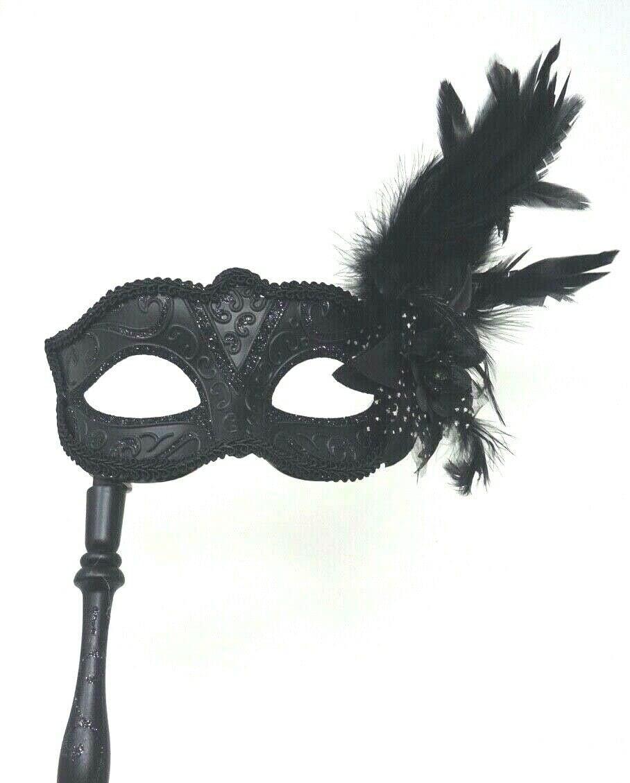 Mask & Co LADIES QUALITY BLACK SPARKLING MASK WITH FLOWER & LONG FEATHERS VENETIAN MASQUERADE CARNIVAL PARTY EYE MASK - HAND HELD ON A STICK, 8cm deep exc stick and feathers