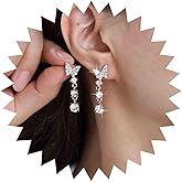 Yheakne Vintage Crystal Butterfly Earrings Cz Linear Drop Earrings Rhinestone Chain Tassel Earrings Gold Cz Butterfly Stud Earrings Jewelry for Women