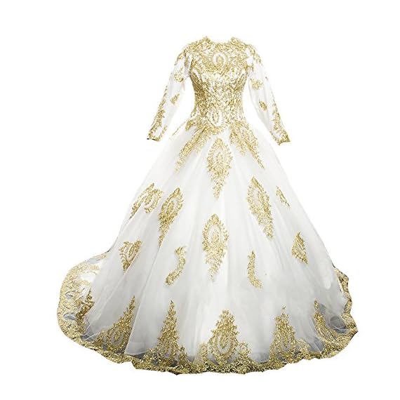 Kivary-Vintage-Sheer-Long-Sleeves-High-Neck-Ball-Gown-Gold-Lace-Prom-Wedding-Dresses-Ivory-US14