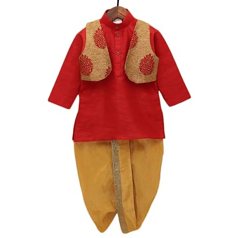 Ridokidz By Hopscotch Boys Cotton Styles Wear Full Sleeves Dhoti Kurta With Half Jacket In Red Color