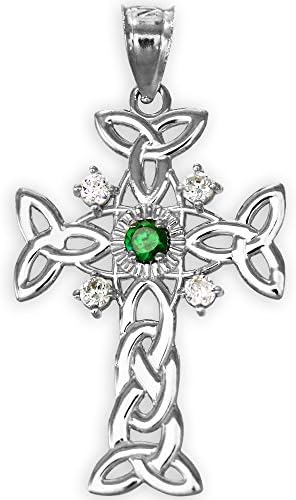 925 Sterling Silver Trinity Knot Diamond Celtic Cross Pendant with Genuine Emerald