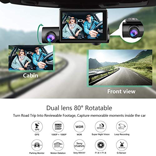 Dash Cam 3.0" OLED Touch Screen Dual 1080P FHD Front and Inside Dash Camera for Cars-WiFi GPS Car Driving Recorder with Sony Night Vision Sensor 170° Wide Angle WDR G-Sensor Anoopsyche - Thumbnail 2