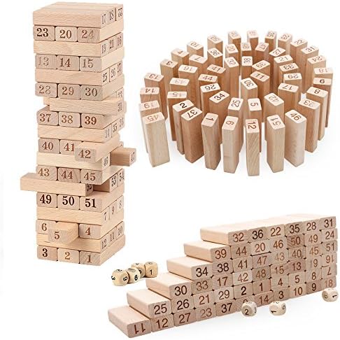 Joqutoys 54 Pieces Wooden Building Blocks Set Stacking Board Games with Dice Math Educational Toys for Kids