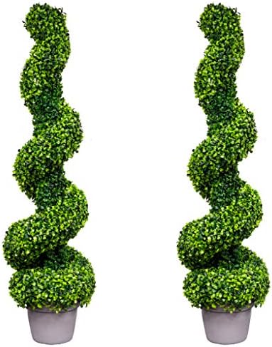 OTZ Faux Tree Artificial Topiary Trees Spiral Trees 100cm With Gray Planters Set of 2