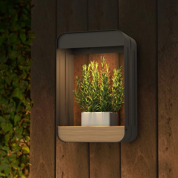 Photo 1 of Grand patio Outdoor Solar Wall Sconce Shelf Planter, Decor LED Waterproof Wall Light Lamp with Woodgrain for Patio, Porch, Solar Energy, Black (S-Rectangle)