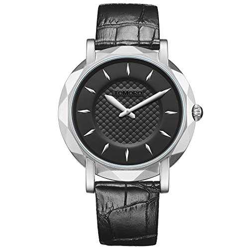 TOMORO Slim Eclipse Luxury Men Watch Japan Quartz Brass Case Leather Ultra Thin Black Casual Clock (Silver and Black)