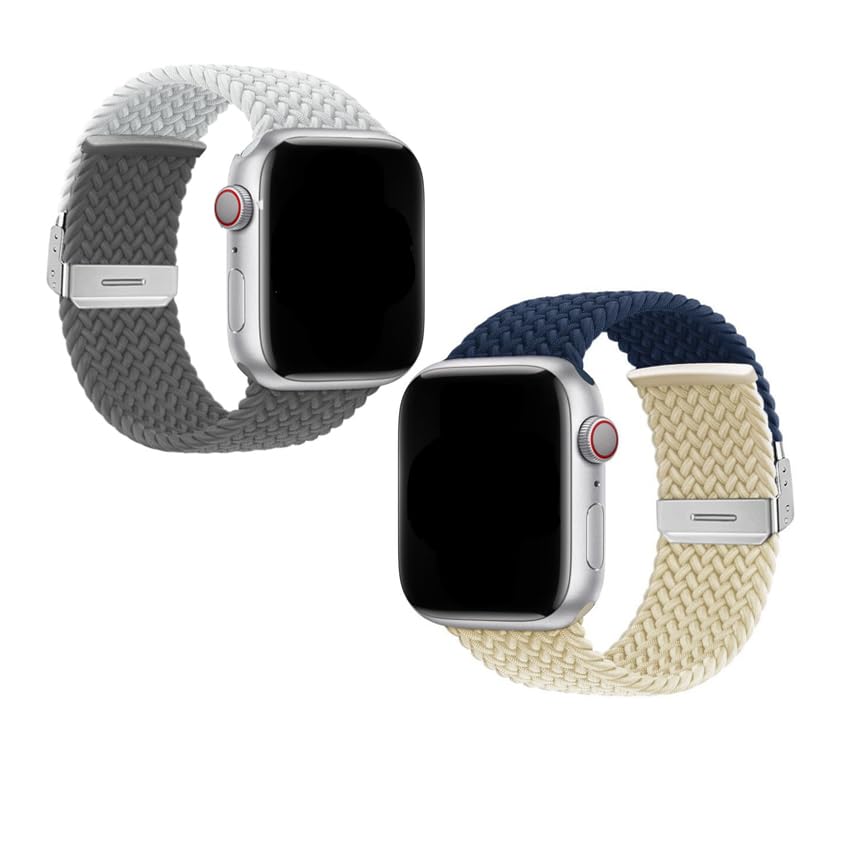 2PCS Matching two-color nylon elasticity braid buckle watch band soft and comfortable watch band easy to wear light and breathable (42/44/45/49mm, Ligh gray/Darkgray&Abyss Blue/Starlight)