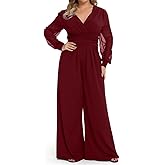 RED DOT BOUTIQUE 701 - Plus Size Mesh Long Sleeve V Wrap Neck Wide Leg Pants One Piece Jumpsuit