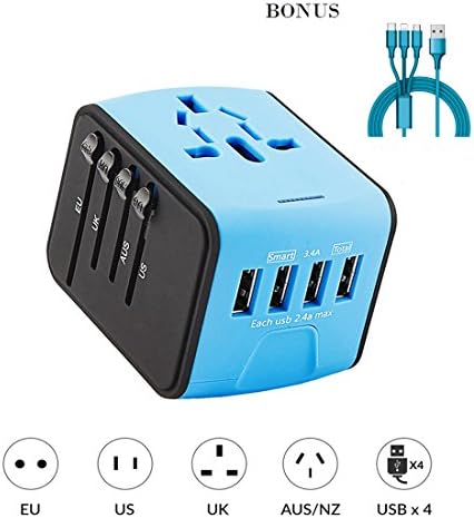 HOTINS Travel Adapter with 4-port 2.4A USB Charger Adapter US UK EU AUS All in One Universal Wall Charger for Iphone Ipad Power Bank Camera(Bonus: Type C, Iphone,Android 3 in one charge cable) Blue