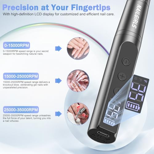 NAILGIRLS Cordless Electric Nail Drill Machine, Portable Electric File 35000rpm Nail Drill Kit with Drill Bits Set for Acrylic Nail Drills, Manicure & Pedicure Polishing - Gray