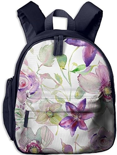 Violet Watercolor Flower Pattern Lightweight Oxford School Book Bag Children Double Zipper Closure Waterproof Backpack Shoulder Travel With Front Pockets
