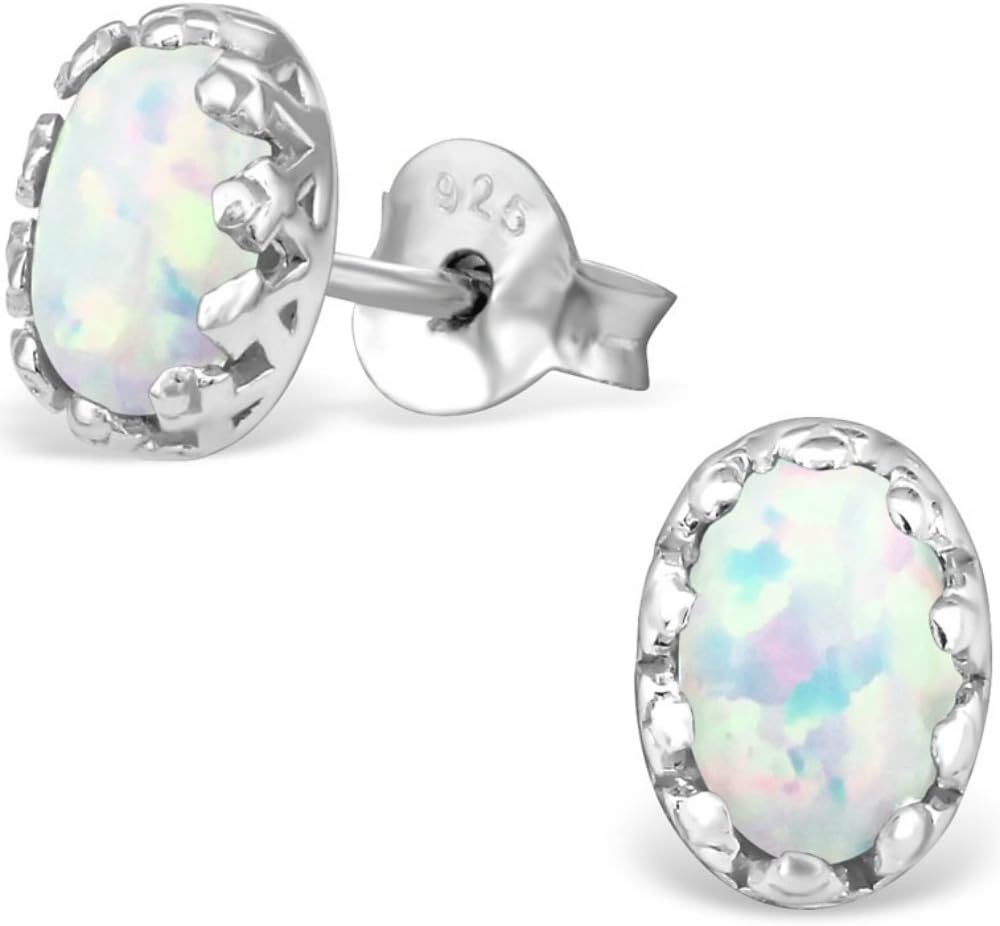The GoldmineSmall Oval Shaped 925 Sterling Silver and White Multi-Colour Opal Stud Earrings