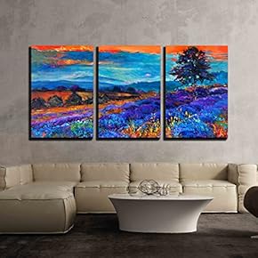 3 Piece Canvas Wall Art - Original Oil Painting of Lavender Fields on Canvas Sunset Landscape - Modern Home Art Stretched and Framed Ready to Hang - 16"x24"x3 Panels