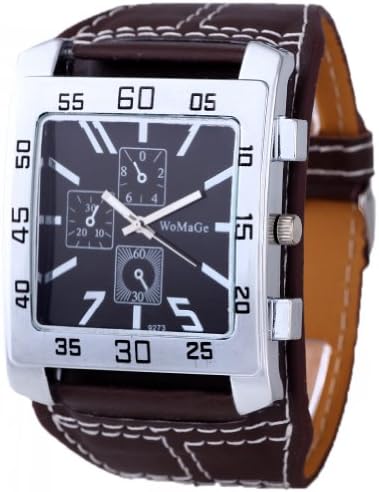 HACBIWA Unisex Men Strong Style No Number 3 Eyes Stiching Band Square Wrist Watch Brown