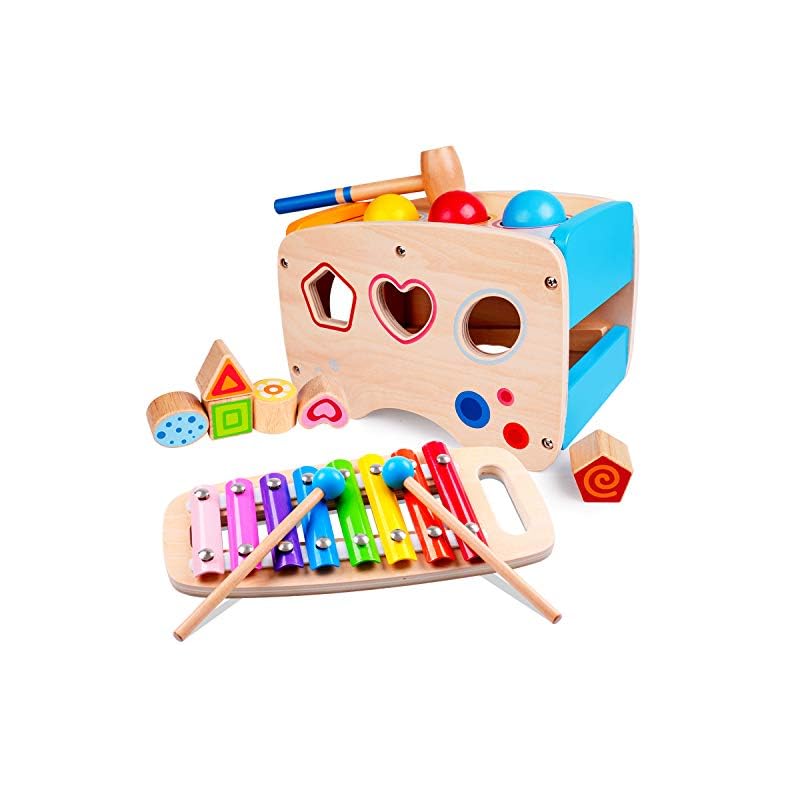 rolimate Hammering Pounding Toys Wooden Educational Toy Xylophone Shape Sorter, Birthday Gift for 1 2 Years Boy Girl…