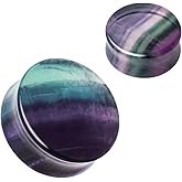 Pierced Owl Natural Rainbow Fluorite Stone Double Flared Plugs, Sold as a Pair