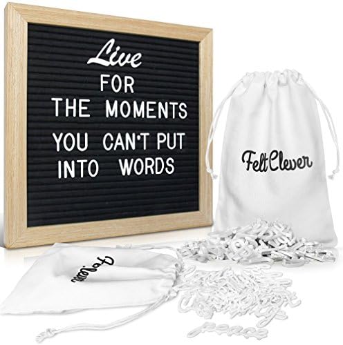 Changeable Black Felt Letter Board - 10x10 Inches - w/362 Words, Letters, Numbers, and Symbols - Wooden Message Sign Letterboards Include Oak Wood Frame with Wall Mount and Canvas Bags by Felt Clever