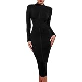 UONBOX Women's Long Sleeves Cross Strap Ribbed Club Party Midi Bodycon Bandage Dress