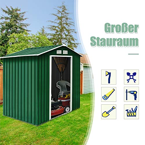 GOPLUS Metall Gerätehaus 213 x 127 x 185 cm, Gartenhaus mit Schiebetür & Fundament & Fenster, Geräteschuppen für Geräte & Werkzeuge, 2,37 m²/4,39 m³ (Grün) – Bild 3