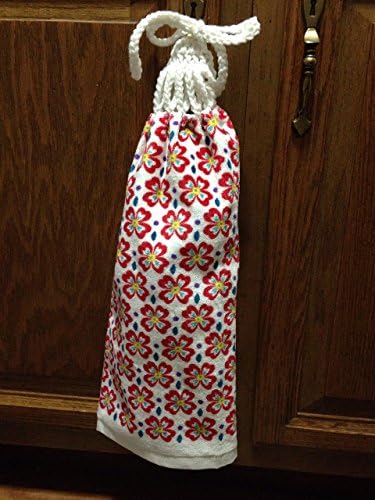 Pioneer Woman Kitchen Towel, Hand-crocheted topper, White with Red Flowers Kitchen Towel, Kitchen Hand Towel - 236