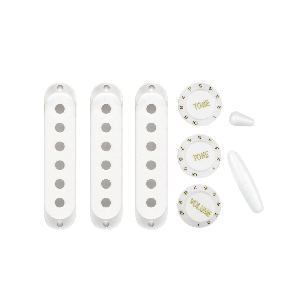 FLEOR 52/52/52mm ST Pickup Covers and 2 Tones 1 Volume Plastic Control Knobs Set 5-Way Switch Tip (Cross Style) & Whammy Bar Tip for ST, White
