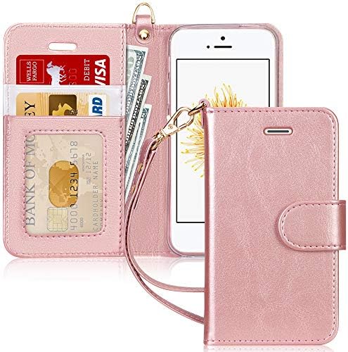 iPhone SE ケース (2016) iPhone5S ケース iPhone5 ケース,FYY 手帳型 カード収納 スタンド機能 マグネット開閉 ストラップ付き 耐衝撃 PUレザー スマホケース iPhone SE(2016年モデル) / 5S / 5対応 ローズゴールド