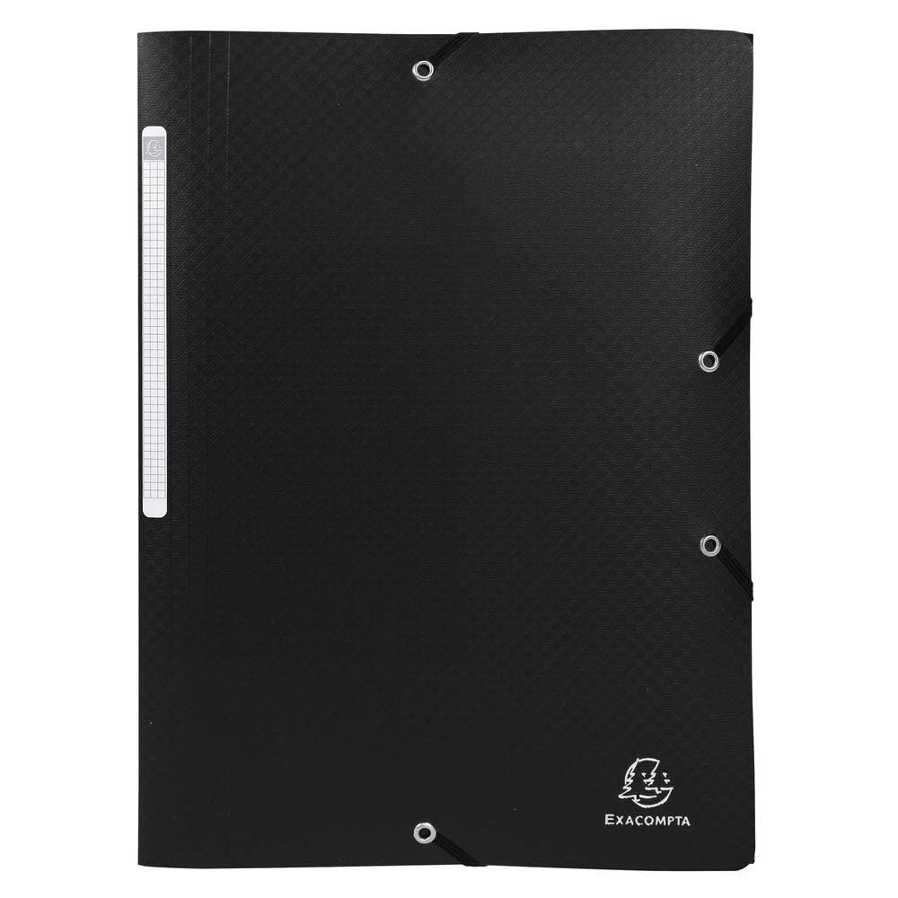 Exacompta - Ref 55081E - Opak Elasticated 3 Flap Folder -240 x 320cm in Size, Suitable for A4 Documents, Matt Polypropylene, Label on Spine - Black (Pack 10)