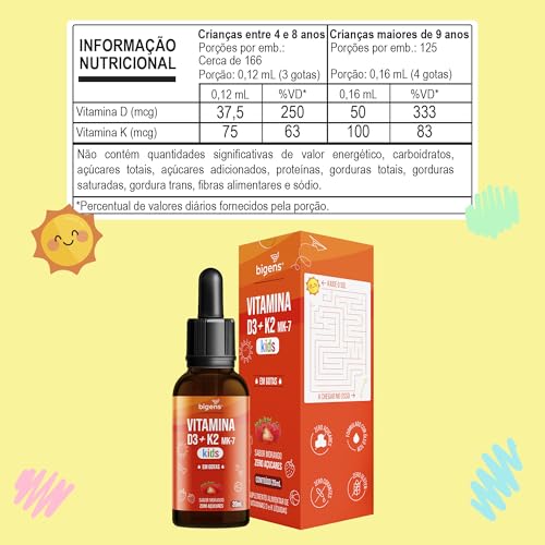 Bigens Vitamina D3 + K2 MK-7 Kids em Gotas, D3 2000UI | K2 100mcg, Sabor Morango, 20ml.
