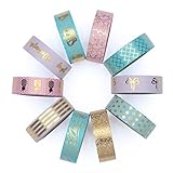 Washi Tape Set of 10 Cute Gold Foil Rolls - Extra Long 33 feet - Decorative Masking Tapes Great for DIY Washi Tape Arts and Crafts Projects; Planners, Scrapbooking, Wall Art, Bullet Journals and More