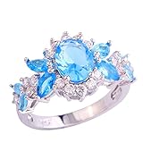 Emsione 925 Sterling Silver Plated Created Flower Blue&White Topaz Womens Ring