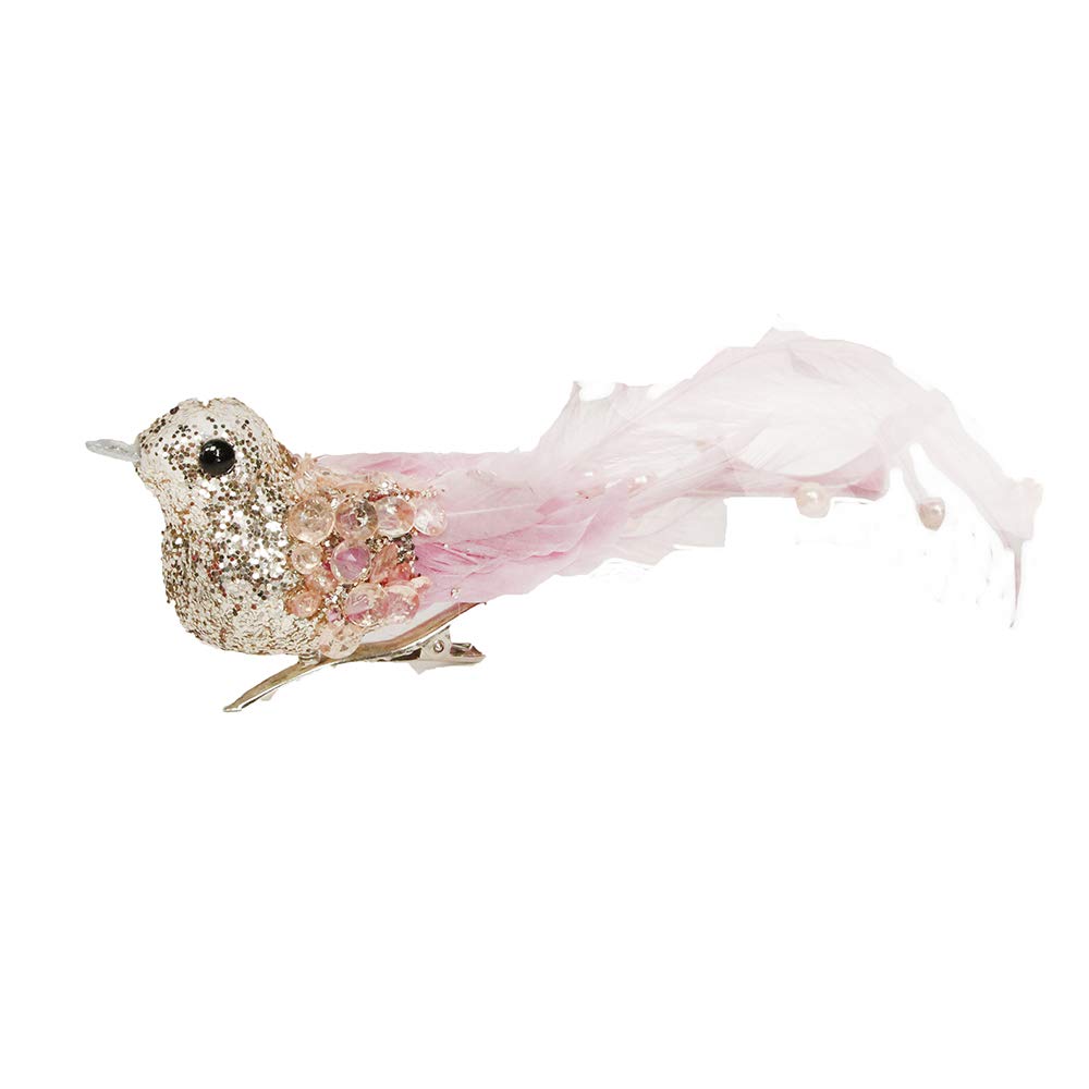 Gorgeous Gisela Graham Pink Glittered Bird on Clip with Feather & Pearl Tail Wedding Christmas Decoration