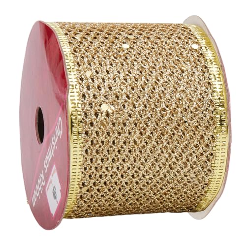 CABODYALS 9M 63mm Champagne Gold Sparkling Mesh Ribbon Sequin Web Trim Glitter Netting Fabric Polyester Wide Wired Edge Ribbons for Sewing Making Crafts Wreaths Topper Bow Gift Wrapping Diy Decor