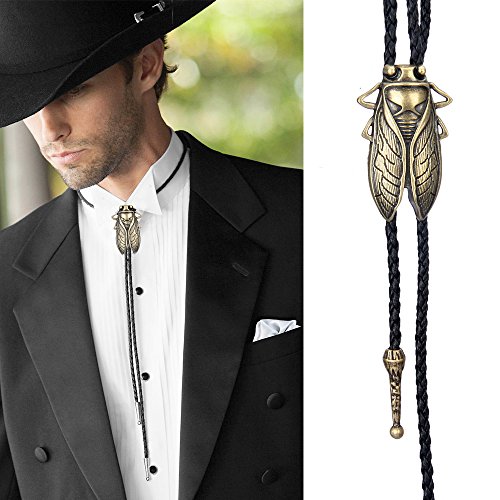 AZORA Western Bolo Tie for Men Cow Skull Copper Necktie Leather Braided Bolos for Women Boys Girls (Cicada Bolo Tie)