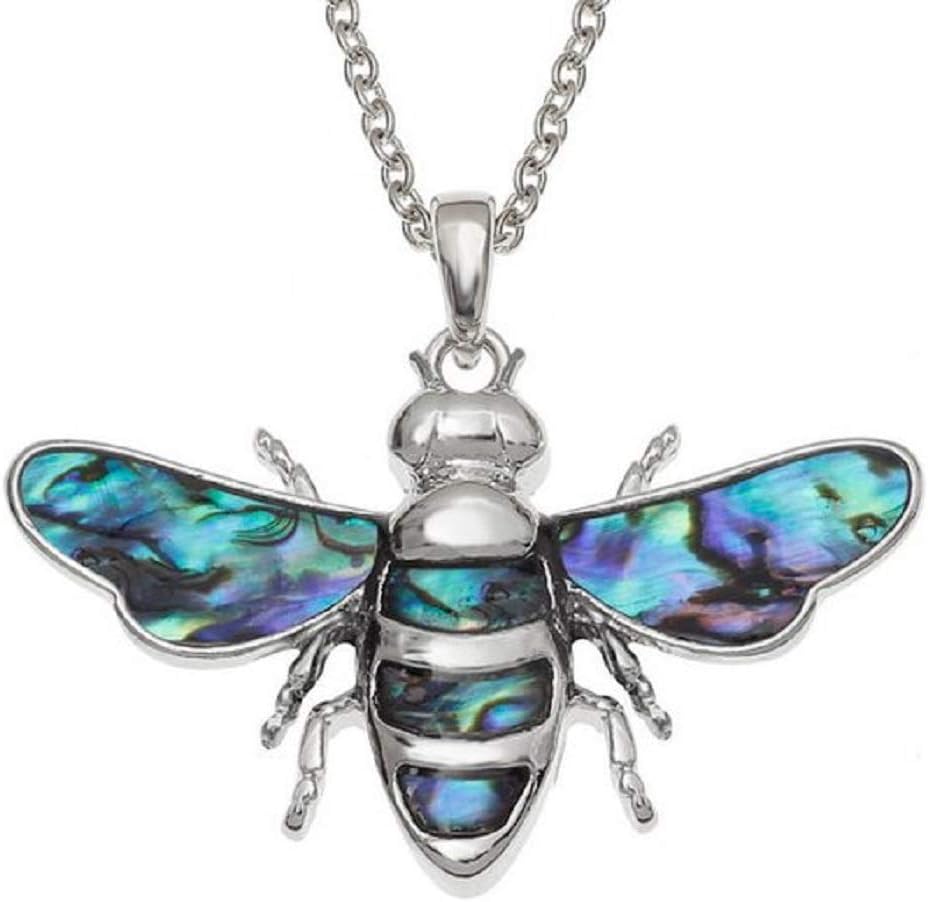 The Quirky Pagan Abalone Jewellery - Bumble Bee Insect Necklace Pendant, 18" Silver Trace Chain, Rhodium Plated Silver,Hypoallergenic Jewellery
