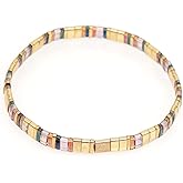 Sonateomber Summer Candy Colors Tila Flat Seed Beads Stretch Strand Bracelet for Women- Trendy Unique Friendship Handmade Mixed Colorful Square Beaded Miyuk Link Bracelets Stackable Jewelry Gifts