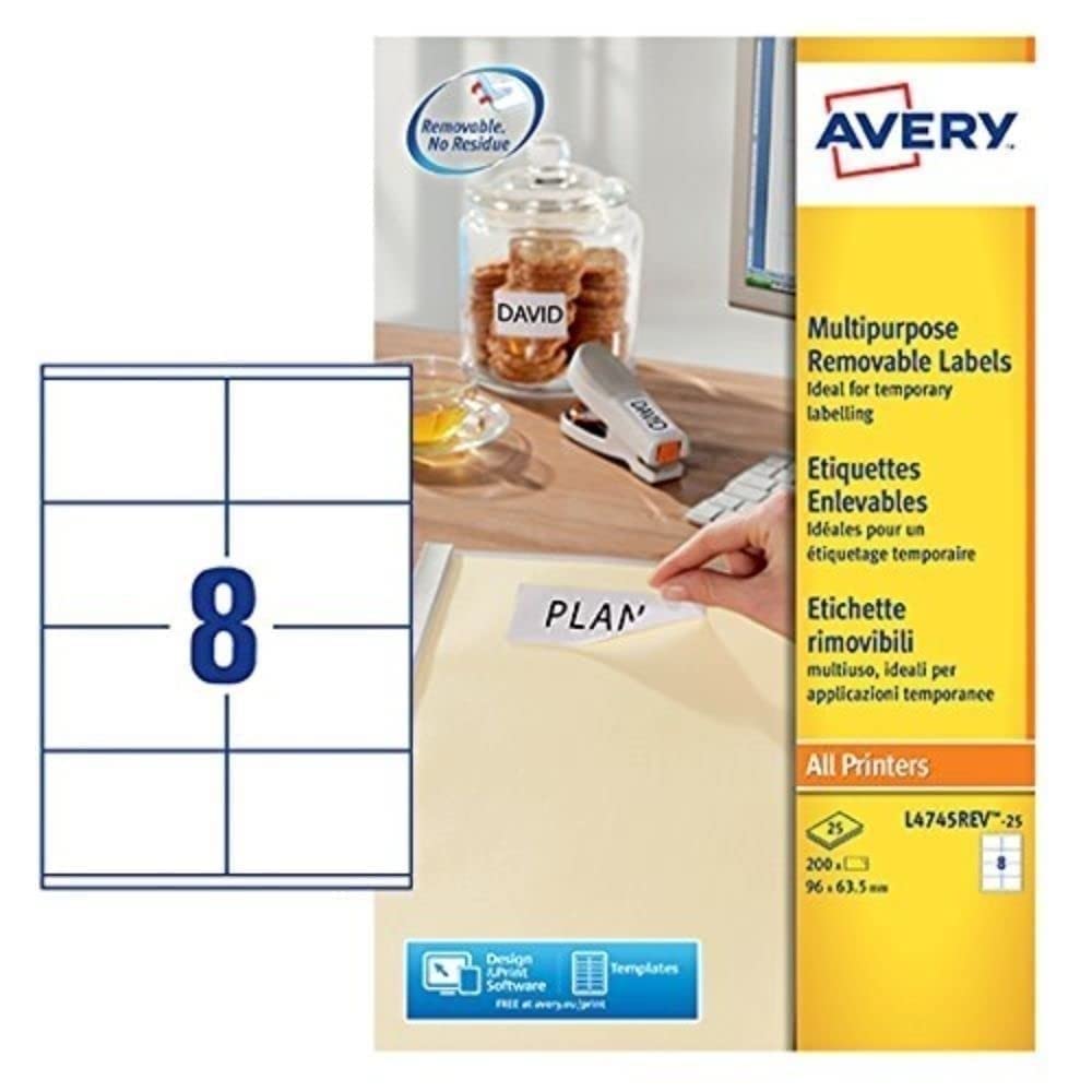 Avery Removable Multi‑Purpose Labels, 96 x 63.5 mm, 8 per Sheet, 600 Blank Labels, White (L4745REV-25) – Strong Adhesion, Easy to Remove, Multi‑Surface, Printable & FSC® Certified