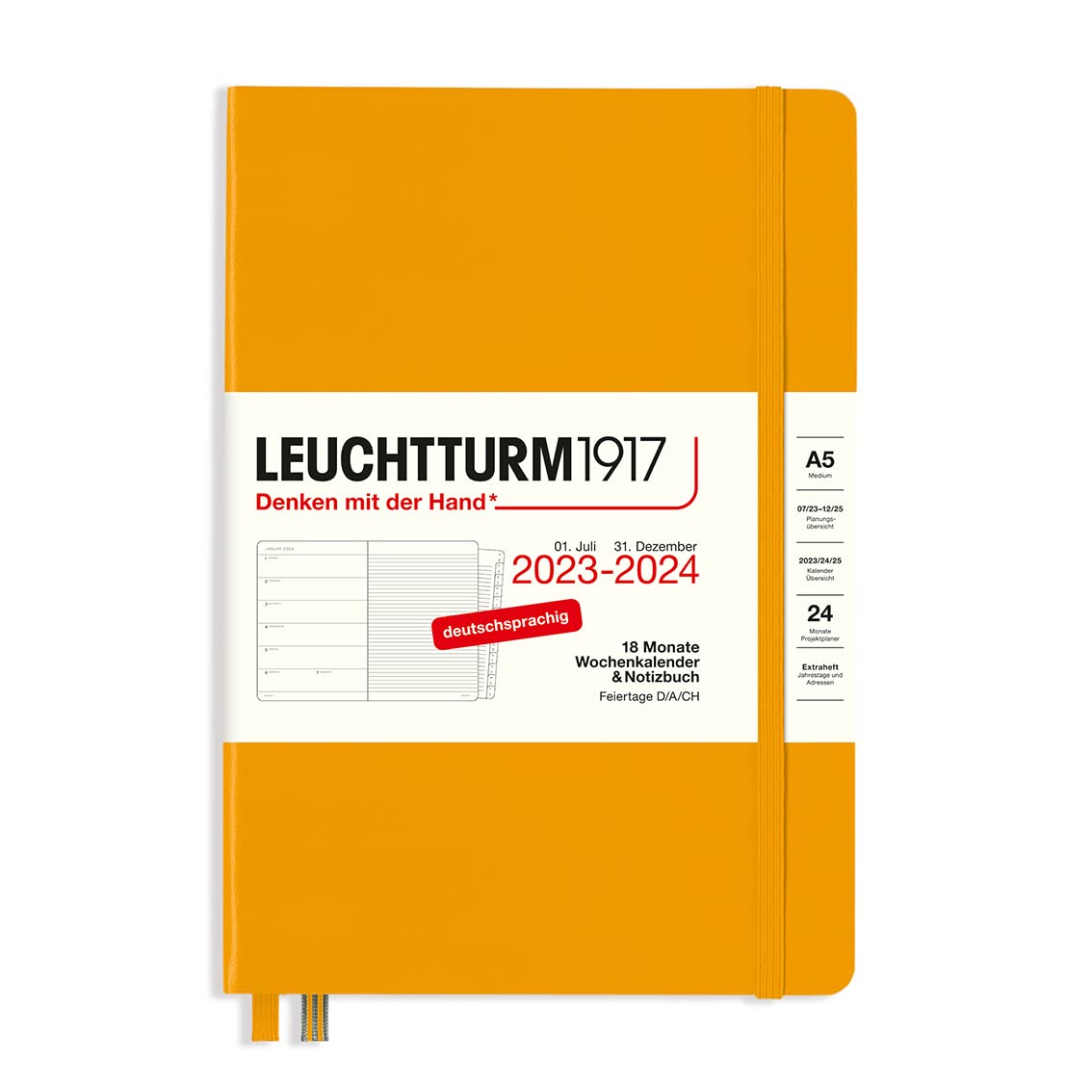 LEUCHTTURM1917 367687 Weekly Calendar & Notebook Medium (A5) 2024, 18 Months, Rising Sun, German