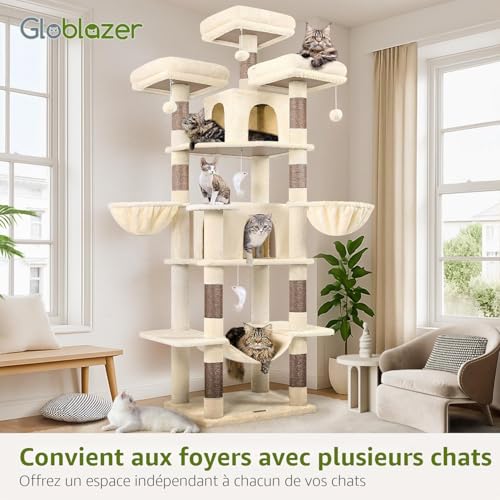 Globlazer Large Beige Cat Tree XXL Height 204 cm with 3 Padded Perches, 2 Kennels, 2 Baskets, Hammock, Stable Cat Tower for 3-5 Adult Cats Rest Play Scratching (F80, Beige)