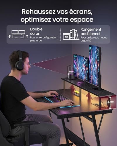 Bureau Gaming avec LED et Multiprise, Table Gamer, Bureau Informatique avec Rehausseur d’Écran, pour 2 Ordinateurs, Chambre, 100 x 55 cm, Noir Boisé LWD191B56V2