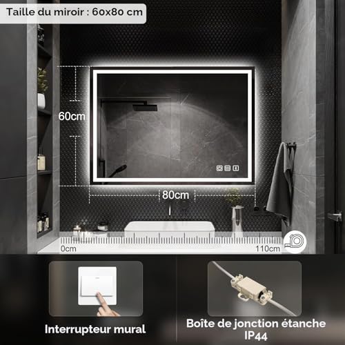 STARLEAD Mirror-LED-Bathroom-with-Lighting and Bluetooth, Anti-fog, 3 Colours Light, Dimmable, Memory, IP44, Tempered Glass, Horizontal/Vertical