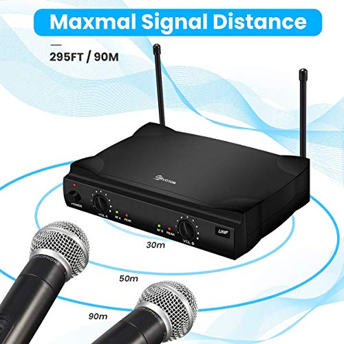 UHF Wireless Microphone System, EIVOTOR Dual Channel Handheld Wireless Microphone with Professional Karaoke Receiver and 2 Handheld Dynamic Mics Set, for Home Party, KTV, Meeting, Wedding, Church