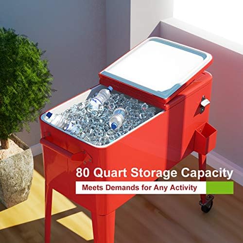 Amazon Com Giantex 80 Quart Cooler Cart Outdoor Cooler Cart On Wheels Patio Rolling Ice Chest For Beer Beverage Party Portable Cooler With Casters Beverage Cooler Cart Red Metal Garden Outdoor