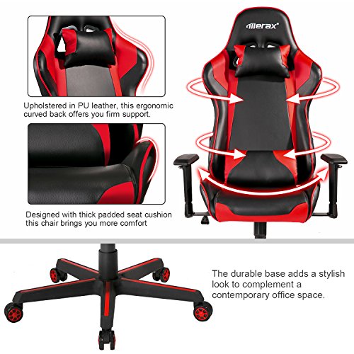 Merax PP036276JAA Racing Style Gaming Ergonomic Design High-Back PU Leather Chair, L X 27.6" W X 52.6" H, Red - Thumbnail 4