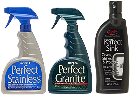 Hope's Perfect Stainless Steel Polish 22-Ounce, Perfect Granite Cleaner 22-Ounce, & Perfect Sink - 8.5 oz Sink Cleaner and Polish