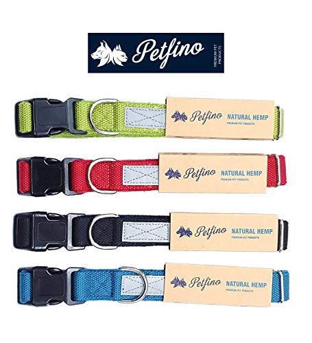 Petfino Natural Hemp Dog Collar (Double Leash) Fleece-Lined Collar with Reflective Safety Strip Soft (Large, Pure Red)