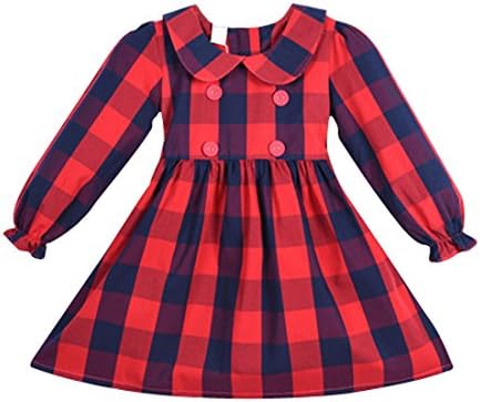 XIMAN Little Baby Girls Long Sleeve Plaid Checked Princess Dress(Blue Red, 4-5 Years)