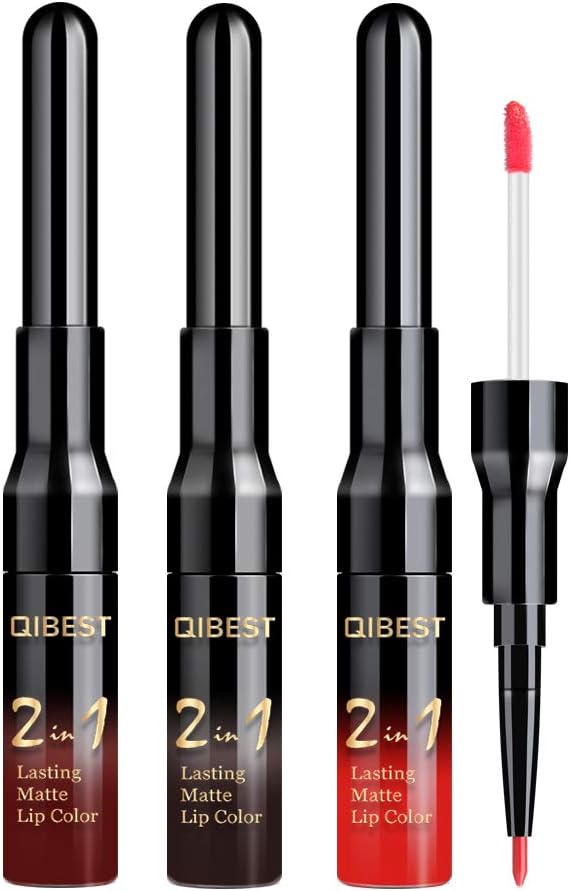 Matte Liquid Lipstick Lip Liner Set, QiBest 3 Pcs Double End 2 in 1 Red Burgundy Color Waterproof Long Lasting Durable Non-Stick Cup Lip Gloss Makeup Kit (Goth)