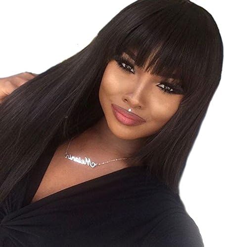 NiceToBuy Glueless Silky Straight Lace Front Wig with Full Bangs Brazilian Virgin Human Hair Wigs for Women #1b Off Black 18inch
